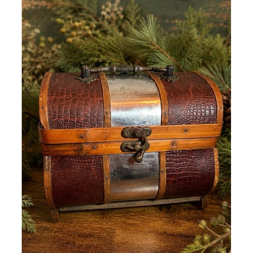 Vintage Treasure Chest Wooden Faux Croc Metal Accent Trinket Box Decorative